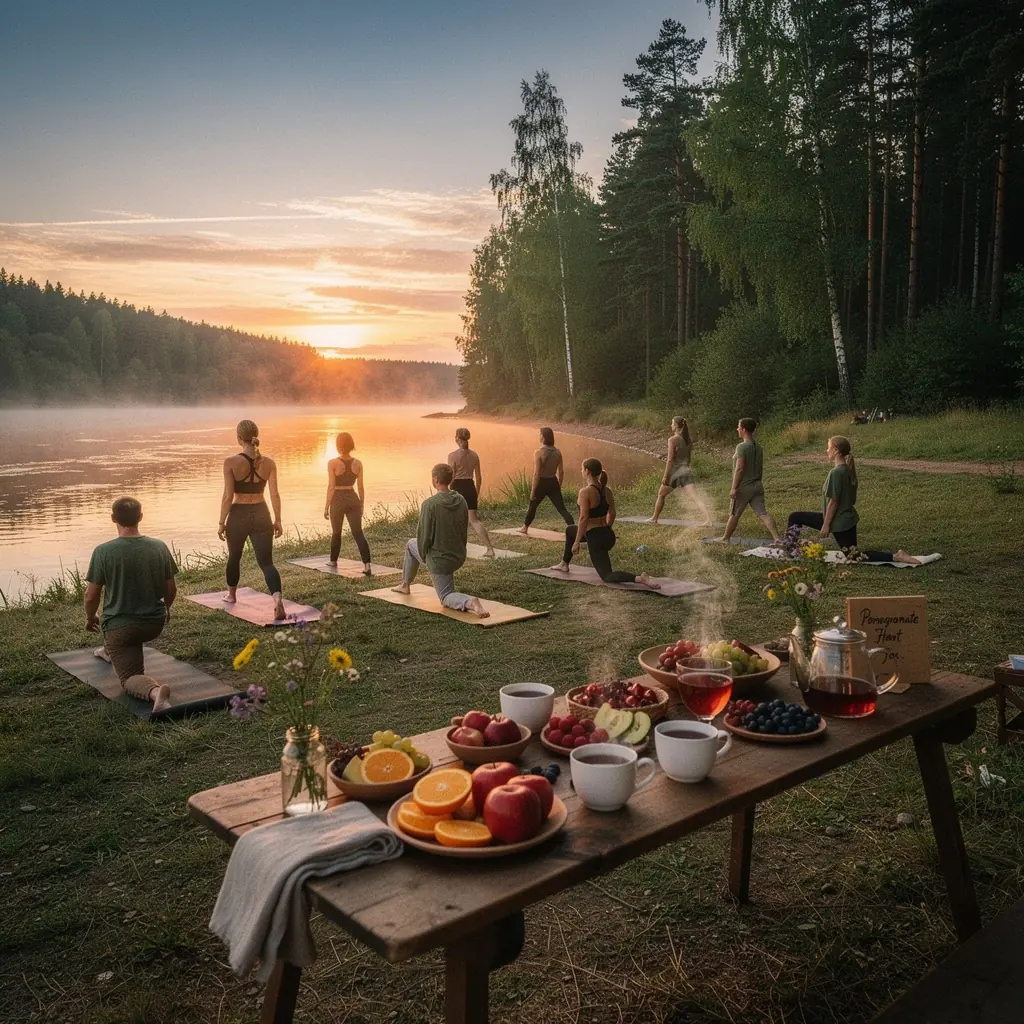 Granatų vaisiai, supjaustyti pusiau, rodo savo sultingą minkštimą.
