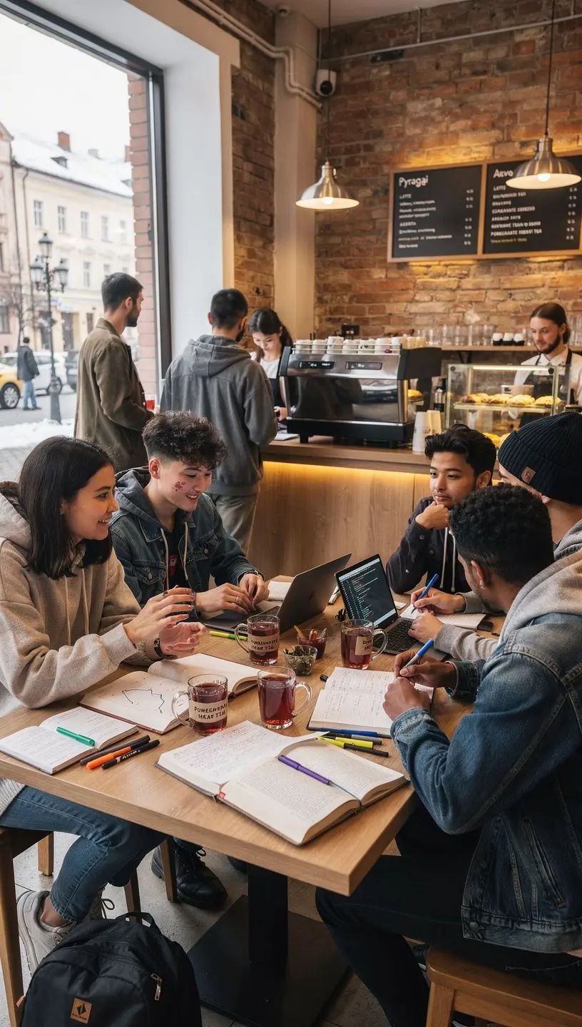 Stiklinė granatų arbatos ant medinio stalo, dekoruota šviežiomis uogomis ir žolelėmis.