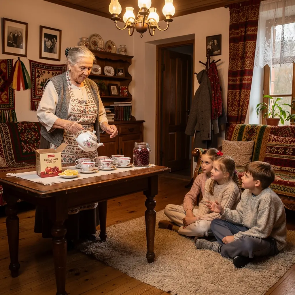 Granatų grūdai, išdėstyti šalia arbatos puodelio, atspindi natūralius ingredientus.