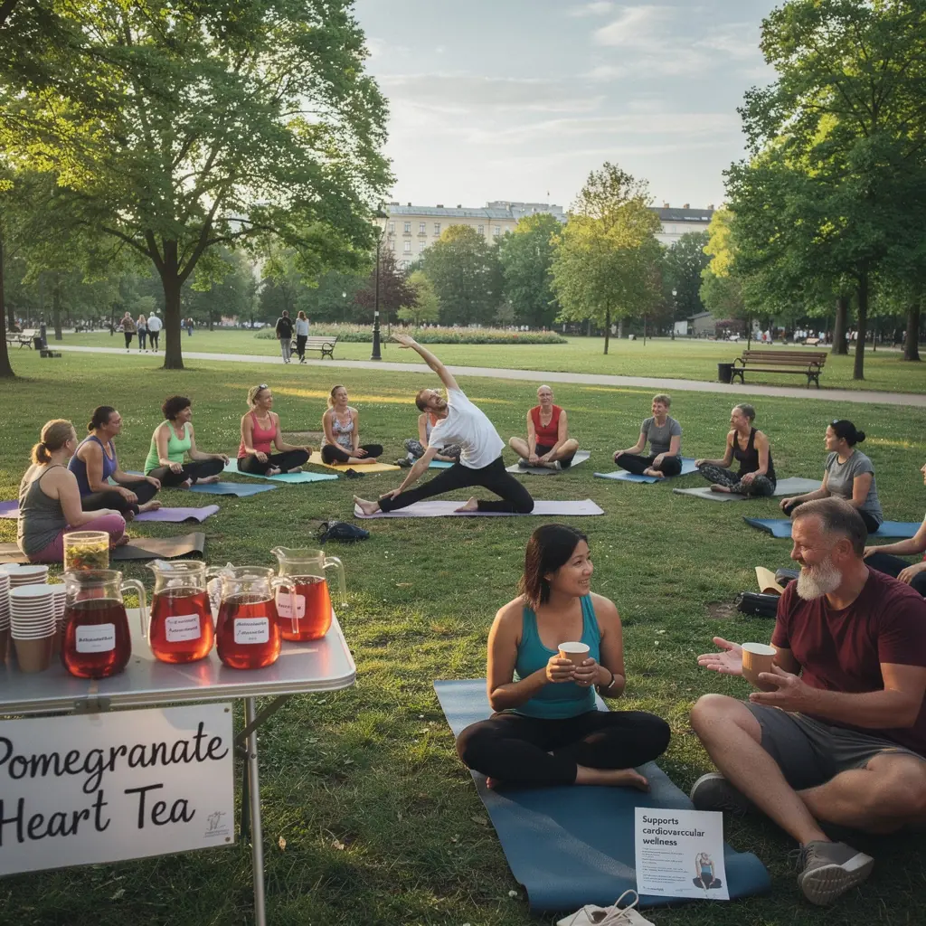 Pusryčių stalas su granatų širdies arbata ir sveikais užkandžiais, skatinančiais gerą savijautą.