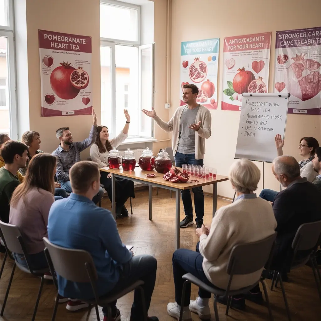 Energizuojantis granatų arbatos puodelis su ryškiomis spalvomis, simbolizuojantis sveiką gyvenimo būdą.
