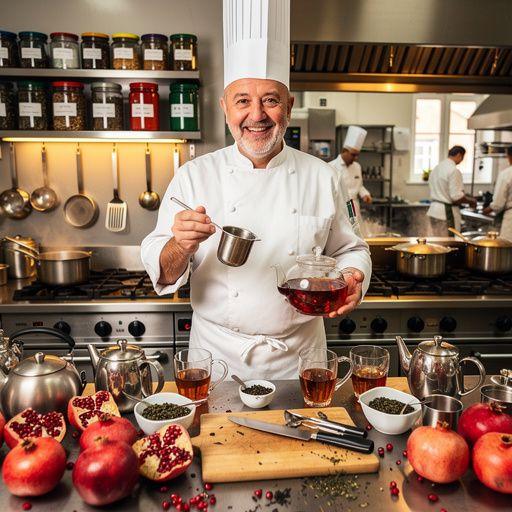 Ramybės akimirkos su granatų arbata ir knyga ant stalo.